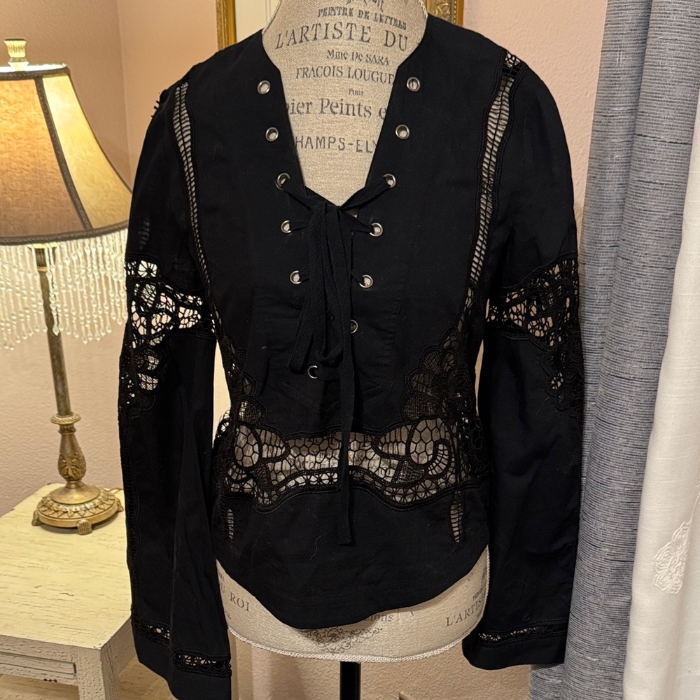 Free People Black Lace-Up Blouse XS